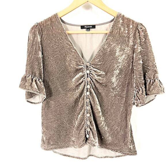 Madewell Velvet Daylight Top Blouse V Neck Button Up Ruffle Sleeve Gray sz 2 - Picture 1 of 10